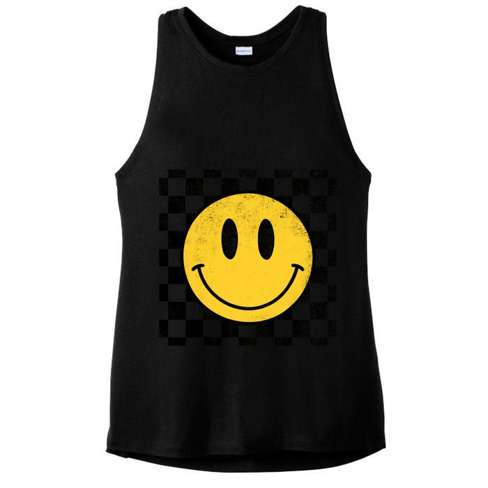 Retro Happy Face 70s Distressed Checkered Pattern Smile Face Ladies PosiCharge Tri-Blend Wicking Tank