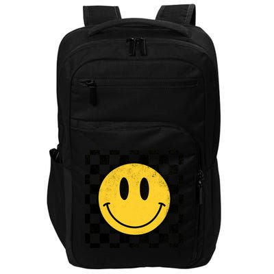 Retro Happy Face 70s Distressed Checkered Pattern Smile Face Impact Tech Backpack