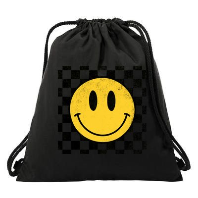 Retro Happy Face 70s Distressed Checkered Pattern Smile Face Drawstring Bag