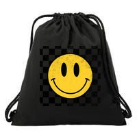 Retro Happy Face 70s Distressed Checkered Pattern Smile Face Drawstring Bag