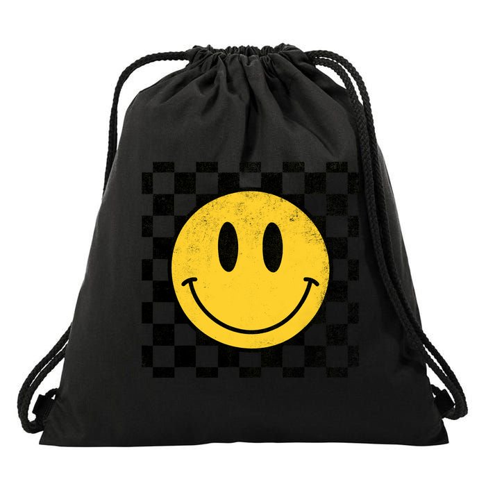 Retro Happy Face 70s Distressed Checkered Pattern Smile Face Drawstring Bag