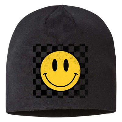 Retro Happy Face 70s Distressed Checkered Pattern Smile Face Sustainable Beanie