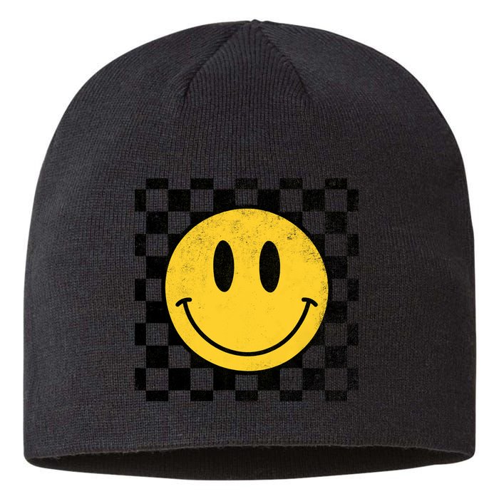 Retro Happy Face 70s Distressed Checkered Pattern Smile Face Sustainable Beanie