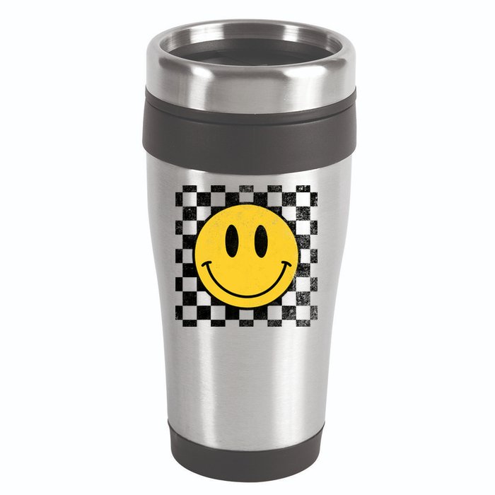 Retro Happy Face 70s Distressed Checkered Pattern Smile Face 16oz Travel Tumbler