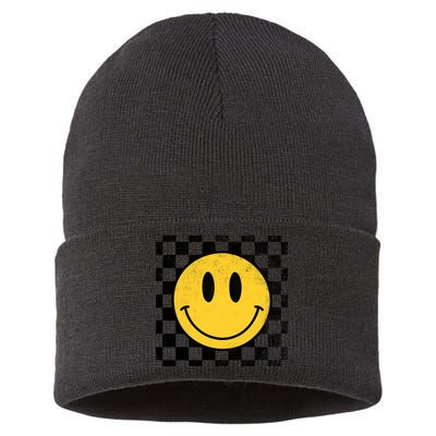 Retro Happy Face 70s Distressed Checkered Pattern Smile Face Sustainable Knit Beanie