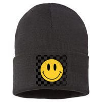 Retro Happy Face 70s Distressed Checkered Pattern Smile Face Sustainable Knit Beanie