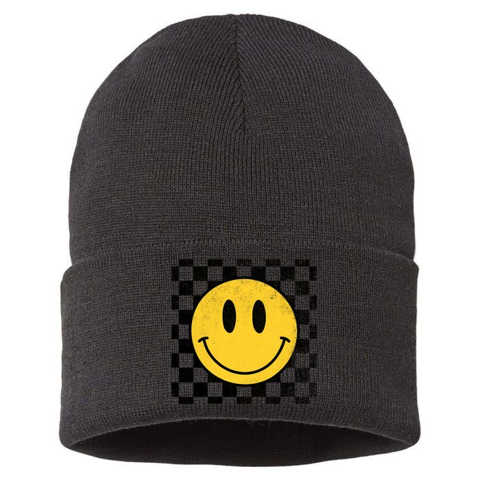Retro Happy Face 70s Distressed Checkered Pattern Smile Face Sustainable Knit Beanie
