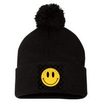 Retro Happy Face 70s Distressed Checkered Pattern Smile Face Pom Pom 12in Knit Beanie