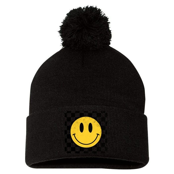 Retro Happy Face 70s Distressed Checkered Pattern Smile Face Pom Pom 12in Knit Beanie