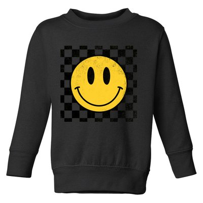 Retro Happy Face 70s Distressed Checkered Pattern Smile Face Toddler Sweatshirt