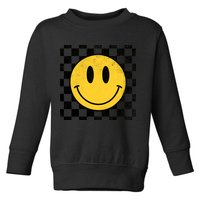 Retro Happy Face 70s Distressed Checkered Pattern Smile Face Toddler Sweatshirt