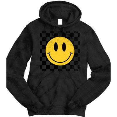 Retro Happy Face 70s Distressed Checkered Pattern Smile Face Tie Dye Hoodie