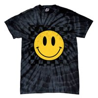 Retro Happy Face 70s Distressed Checkered Pattern Smile Face Tie-Dye T-Shirt