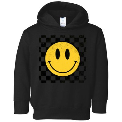 Retro Happy Face 70s Distressed Checkered Pattern Smile Face Toddler Hoodie