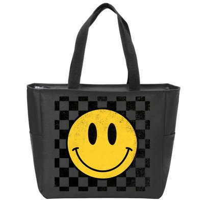 Retro Happy Face 70s Distressed Checkered Pattern Smile Face Zip Tote Bag