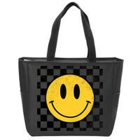 Retro Happy Face 70s Distressed Checkered Pattern Smile Face Zip Tote Bag