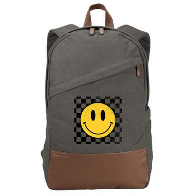Retro Happy Face 70s Distressed Checkered Pattern Smile Face Cotton Canvas Backpack