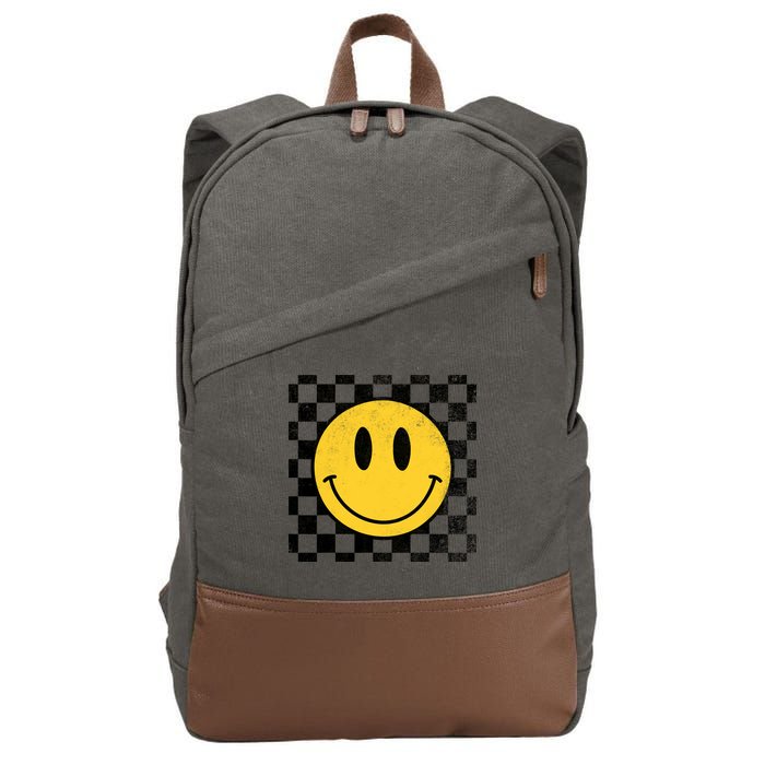 Retro Happy Face 70s Distressed Checkered Pattern Smile Face Cotton Canvas Backpack