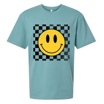 Retro Happy Face 70s Distressed Checkered Pattern Smile Face Sueded Cloud Jersey T-Shirt