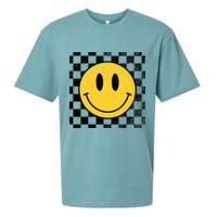 Retro Happy Face 70s Distressed Checkered Pattern Smile Face Sueded Cloud Jersey T-Shirt