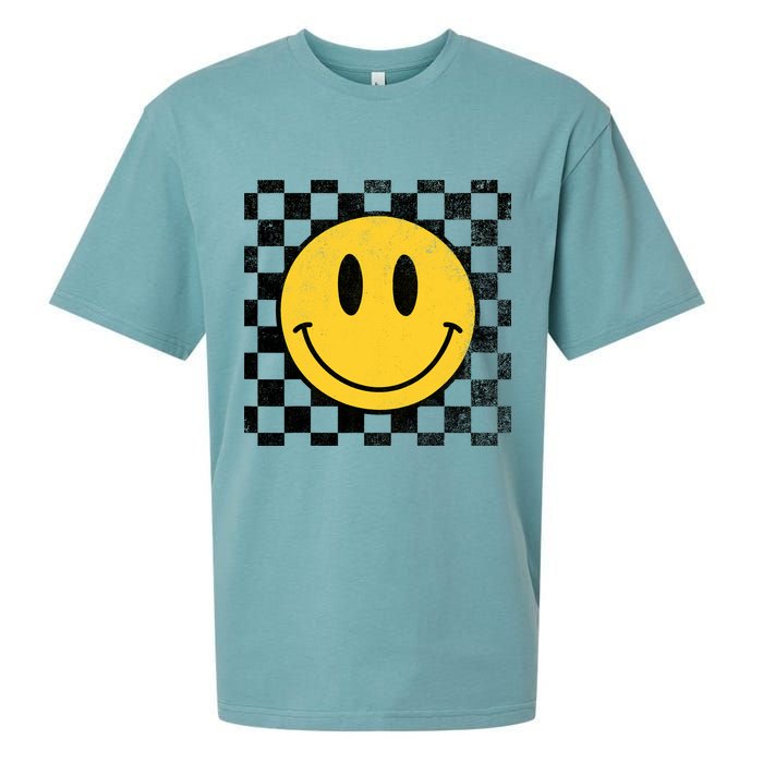 Retro Happy Face 70s Distressed Checkered Pattern Smile Face Sueded Cloud Jersey T-Shirt