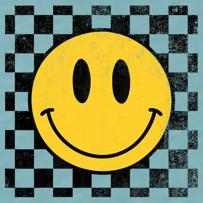 Retro Happy Face 70s Distressed Checkered Pattern Smile Face Sueded Cloud Jersey T-Shirt