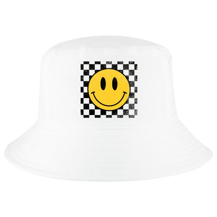 Retro Happy Face 70s Distressed Checkered Pattern Smile Face Cool Comfort Performance Bucket Hat