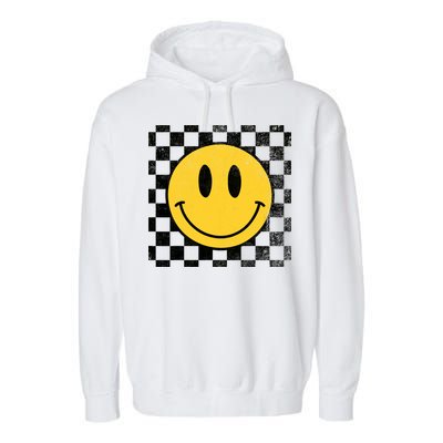 Retro Happy Face 70s Distressed Checkered Pattern Smile Face Garment-Dyed Fleece Hoodie
