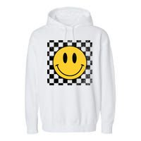 Retro Happy Face 70s Distressed Checkered Pattern Smile Face Garment-Dyed Fleece Hoodie