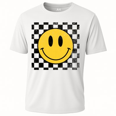 Retro Happy Face 70s Distressed Checkered Pattern Smile Face Cooling Performance Crew T-Shirt
