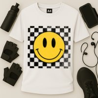 Retro Happy Face 70s Distressed Checkered Pattern Smile Face Performance Shirt