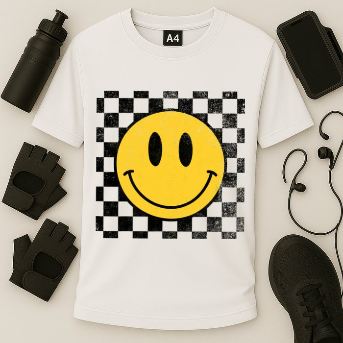Retro Happy Face 70s Distressed Checkered Pattern Smile Face Performance Shirt