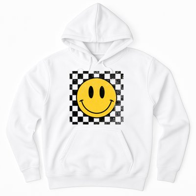 Retro Happy Face 70s Distressed Checkered Pattern Smile Face Hoodie
