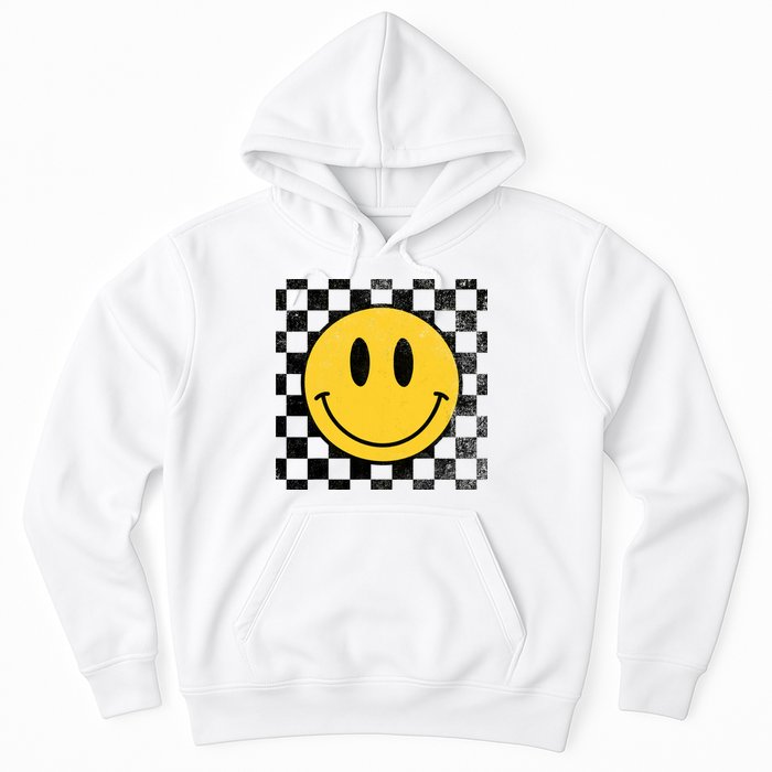 Retro Happy Face 70s Distressed Checkered Pattern Smile Face Hoodie