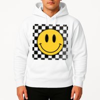 Retro Happy Face 70s Distressed Checkered Pattern Smile Face Hoodie