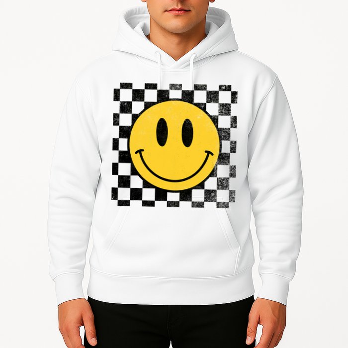 Retro Happy Face 70s Distressed Checkered Pattern Smile Face Hoodie