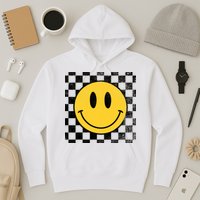 Retro Happy Face 70s Distressed Checkered Pattern Smile Face Hoodie