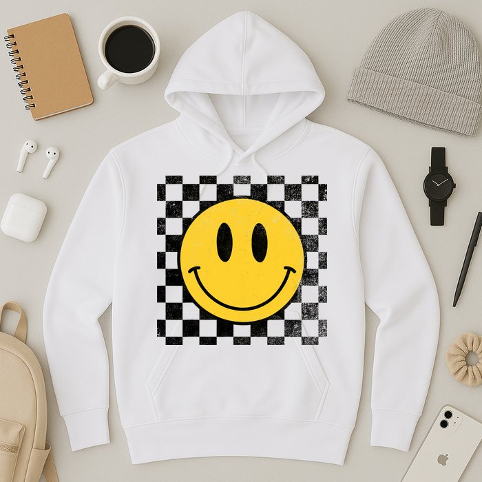 Retro Happy Face 70s Distressed Checkered Pattern Smile Face Hoodie