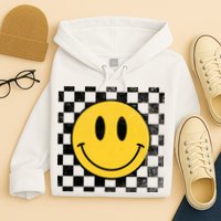 Retro Happy Face 70s Distressed Checkered Pattern Smile Face Hoodie