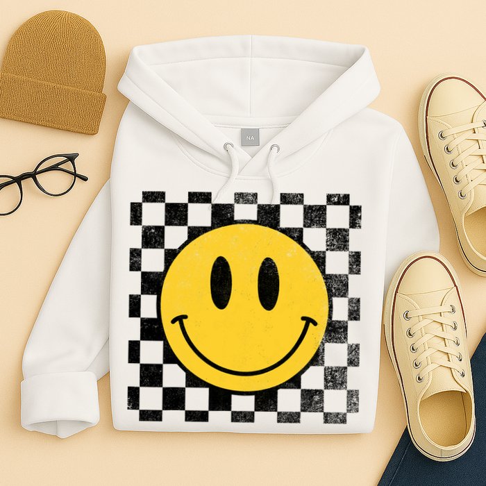 Retro Happy Face 70s Distressed Checkered Pattern Smile Face Hoodie