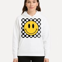 Retro Happy Face 70s Distressed Checkered Pattern Smile Face Hoodie