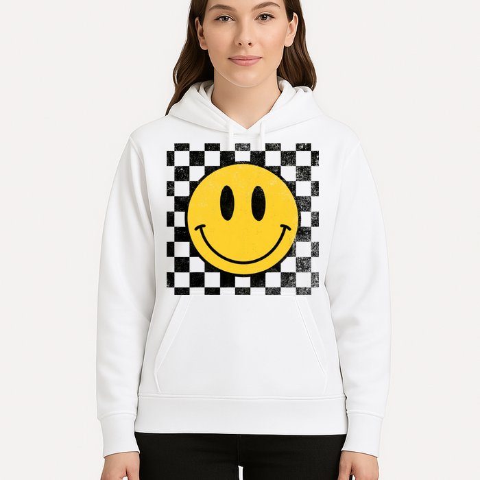 Retro Happy Face 70s Distressed Checkered Pattern Smile Face Hoodie
