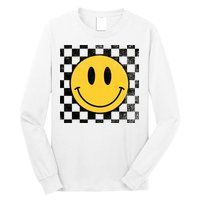 Retro Happy Face 70s Distressed Checkered Pattern Smile Face Long Sleeve Shirt