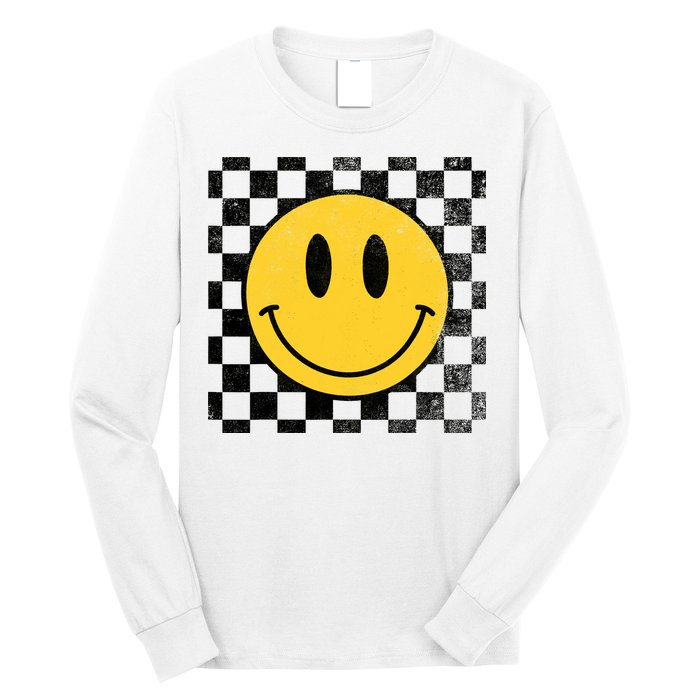 Retro Happy Face 70s Distressed Checkered Pattern Smile Face Long Sleeve Shirt
