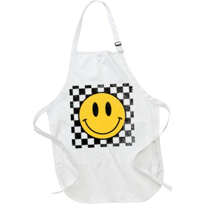 Retro Happy Face 70s Distressed Checkered Pattern Smile Face Full-Length Apron With Pockets