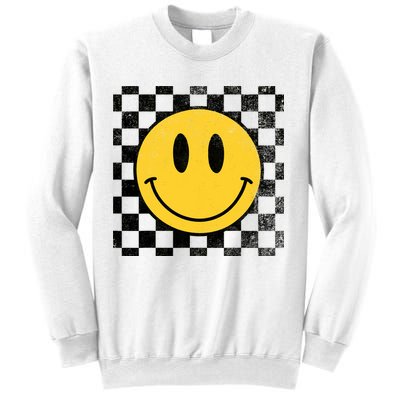 Retro Happy Face 70s Distressed Checkered Pattern Smile Face Sweatshirt