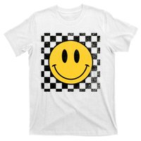 Retro Happy Face 70s Distressed Checkered Pattern Smile Face T-Shirt