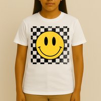 Retro Happy Face 70s Distressed Checkered Pattern Smile Face T-Shirt
