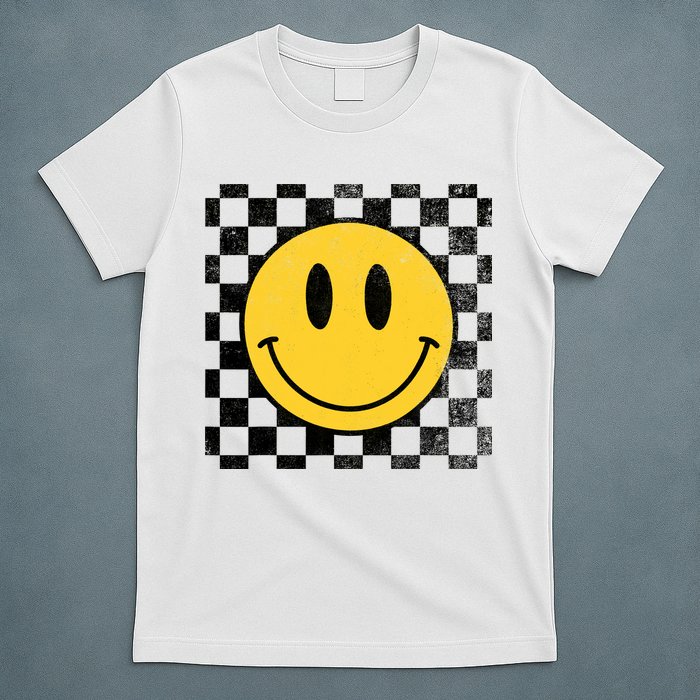 Retro Happy Face 70s Distressed Checkered Pattern Smile Face T-Shirt