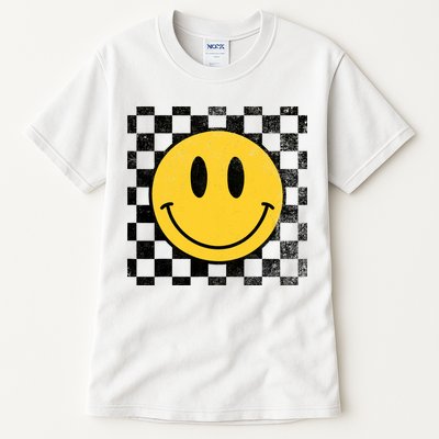 Retro Happy Face 70s Distressed Checkered Pattern Smile Face Tall T-Shirt